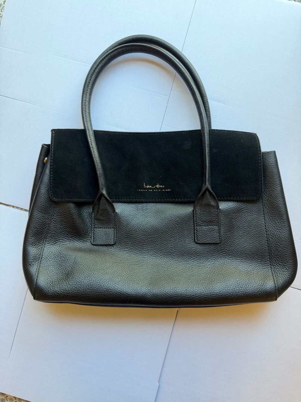 India Hicks Black Leather and Suede Top-Handle Tote